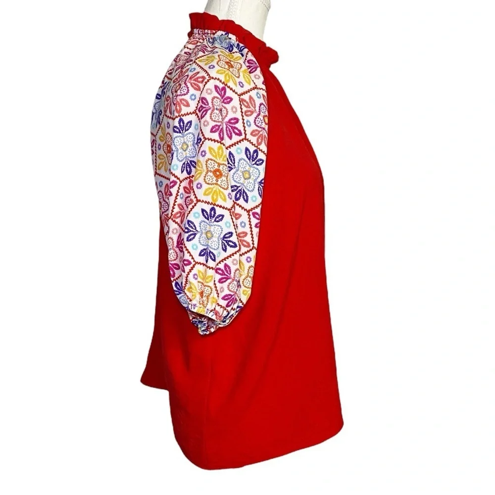 Haptics Red Women's Top with Multicolor Sleeves - Picture 3 of 12